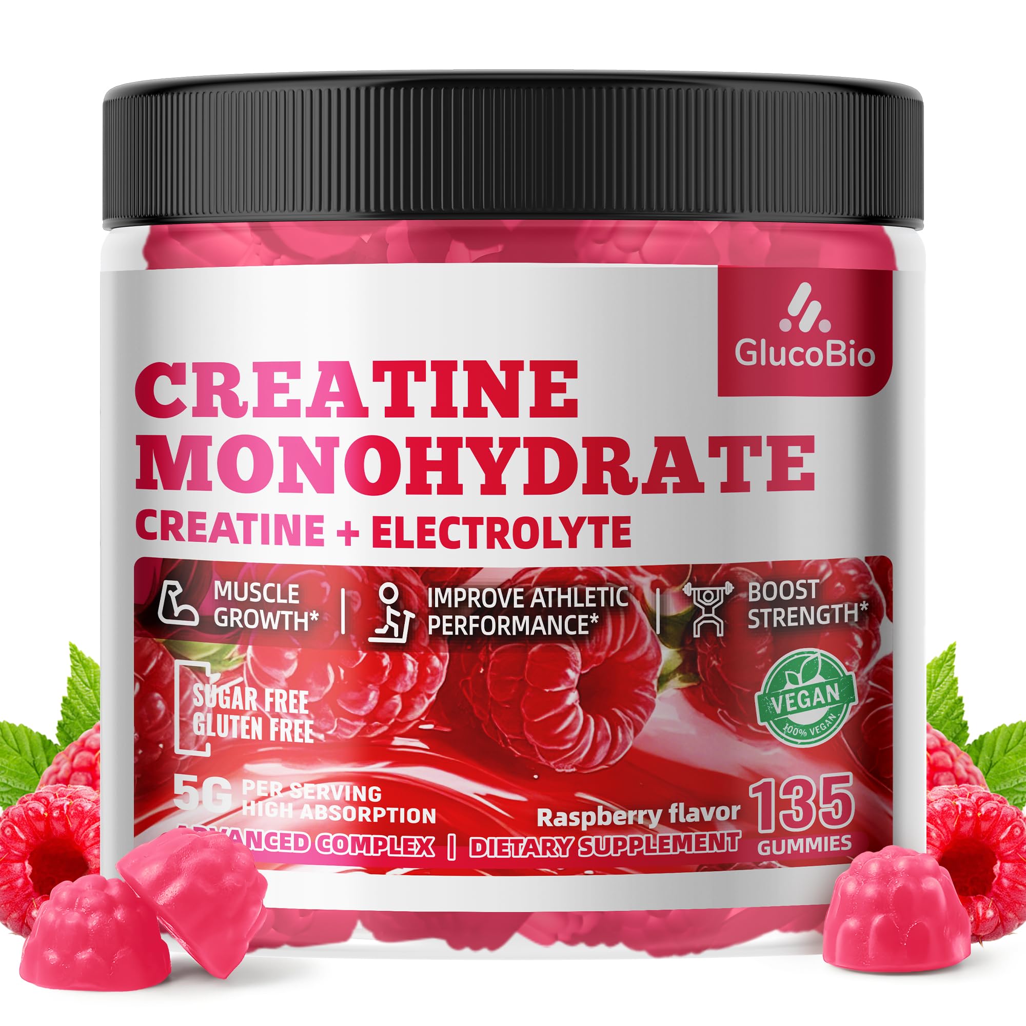 GlucoBio Creatine Monohydrate Gummies (5g) – Pre-Workout Energy & Muscle Growth Support for Men & Women
