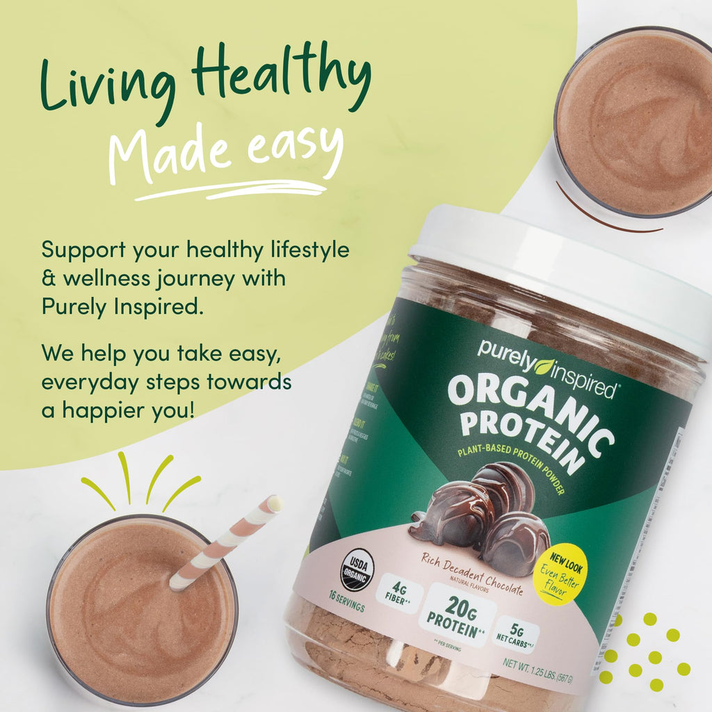 Purely Inspired Plant-Based Protein Powder for Men & Women, Rich Decadent Chocolate (16 Servings) - Vegan & Organic - 20g of Pea Protein Powder for Smoothies & Shakes