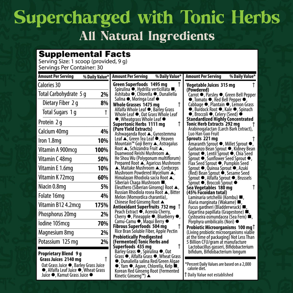 Dragon Herbs Tonic Alchemy Superfood Greens Powder with 91 Ingredients: Tonic Herbs, Ashwagandha, Mushrooms, Probiotics, Super Greens, Seaweeds, Fruits, Vegetables, Spirulina - 30 Servings Dragon HerbsBuy Supplements Australia