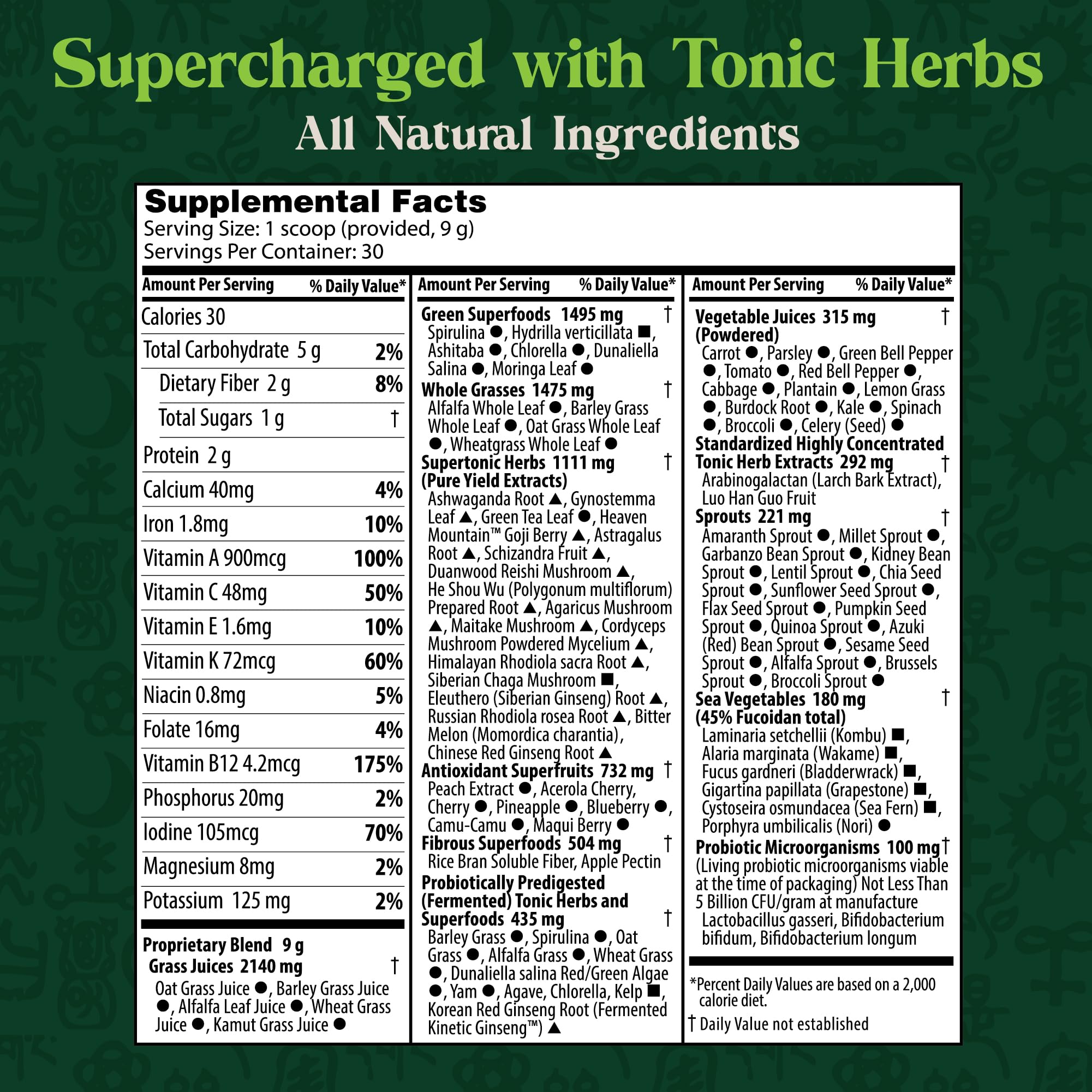 Dragon Herbs Tonic Alchemy Superfood Greens Powder with 91 Ingredients: Tonic Herbs, Ashwagandha, Mushrooms, Probiotics, Super Greens, Seaweeds, Fruits, Vegetables, Spirulina - 30 Servings Dragon HerbsBuy Supplements Australia