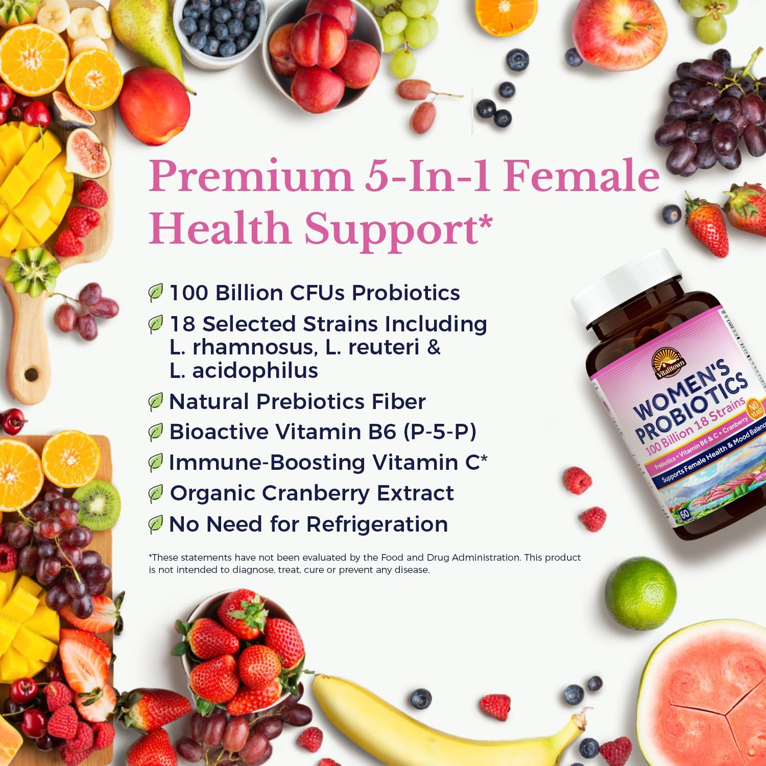 Vitalitown Women's Probiotics | 100 Billion CFUs 18 Strains | Prebiotics, VC & B6, Cranberry | Shelf Stable | Vaginal, Urinary