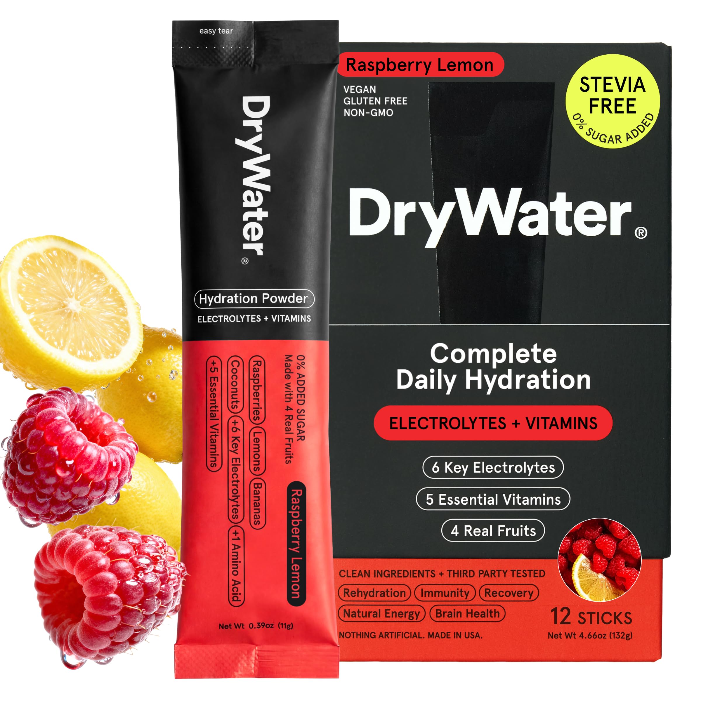 DryWater Electrolyte Powder Packets, Raspberry Lemon - Stevia-Free Hydration Packets Drink Mix with Zero Added Sugar for Rehydration & Energy - 6 Key Electrolytes