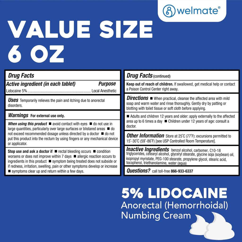 WELMATE 5% Lidocaine Cream for Hemorrhoids, 6 oz Jar – Fast-Acting Lidocaine Numbing Cream & Topical Analgesic Cream for Anorectal Itch Relief WELMATEBuy Supplements Australia