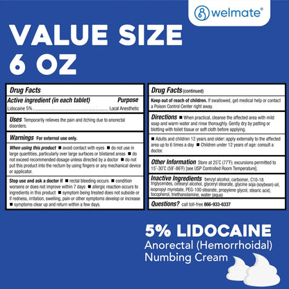 WELMATE 5% Lidocaine Cream for Hemorrhoids, 6 oz Jar – Fast-Acting Lidocaine Numbing Cream & Topical Analgesic Cream for Anorectal Itch Relief WELMATEBuy Supplements Australia