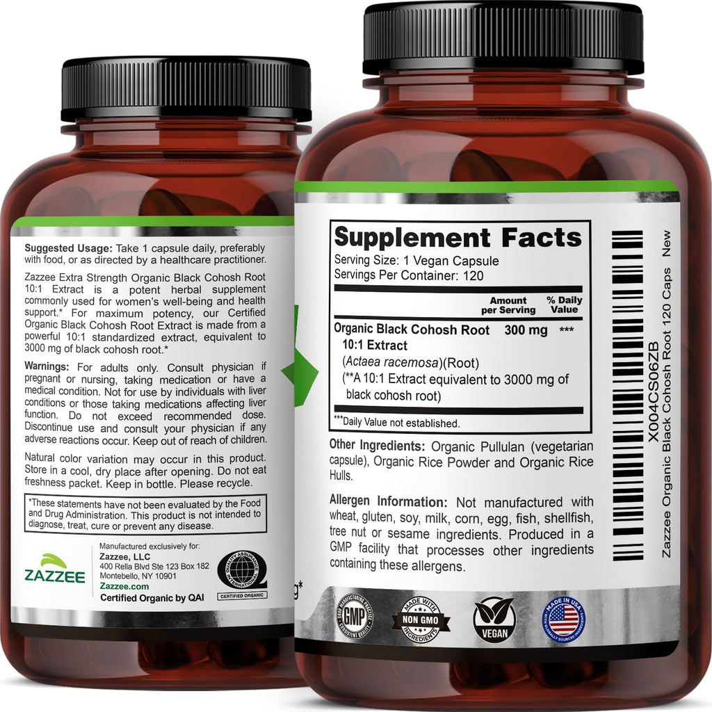 Zazzee USDA Organic Black Cohosh 10:1 Extract, 120 Vegan Capsules, 4 Month Supply, Actaea Racemosa, Women’s Health & Hormonal Balance Support,
