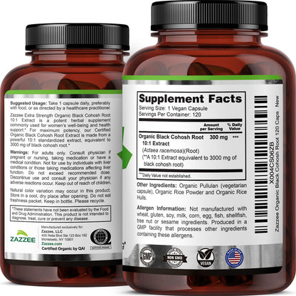 Zazzee USDA Organic Black Cohosh 10:1 Extract, 120 Vegan Capsules, 4 Month Supply, Actaea Racemosa, Women’s Health & Hormonal Balance Support,