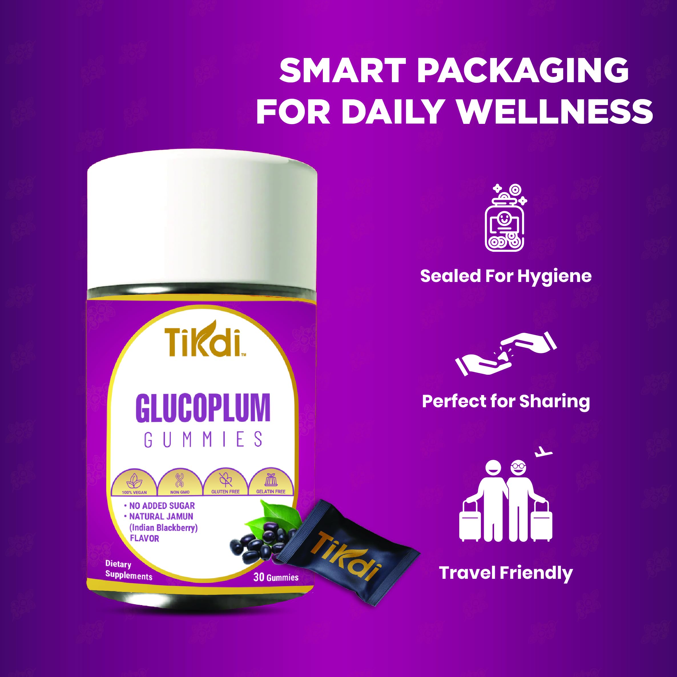 TIKDI GlucoPlum Gummy - 30 Count - Supports Healthy Blood Sugar Levels Already Within Normal Range. All Natural with Indian BlackBerry, Fenugreek, Cinnamon, Vegan, No Added Sugar TIKDI buy supplements Au