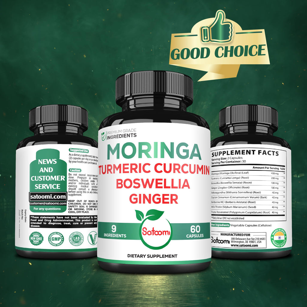 Satoomi 9in1 Moringa Capsules - Featuring Moringa, Turmeric, Boswellia, Ginger, Ashwagandha, Ceylon Cinnamon and Milk Thistle, and Resveratrol | Support Mood, Heart & Overall Health - 60 Count Satoomi buy supplements Au