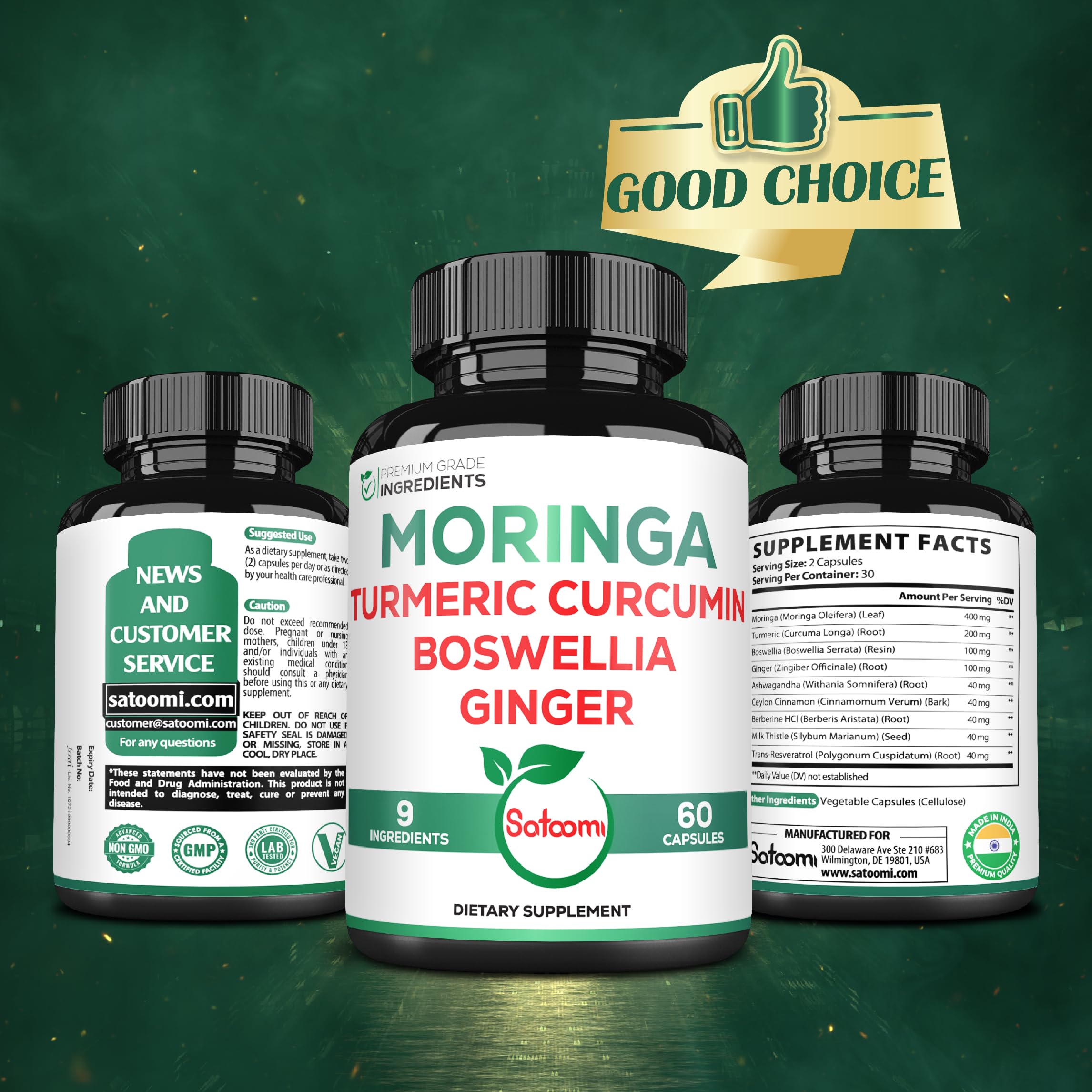 Satoomi 9in1 Moringa Capsules - Featuring Moringa, Turmeric, Boswellia, Ginger, Ashwagandha, Ceylon Cinnamon and Milk Thistle, and Resveratrol | Support Mood, Heart & Overall Health - 60 Count Satoomi buy supplements Au