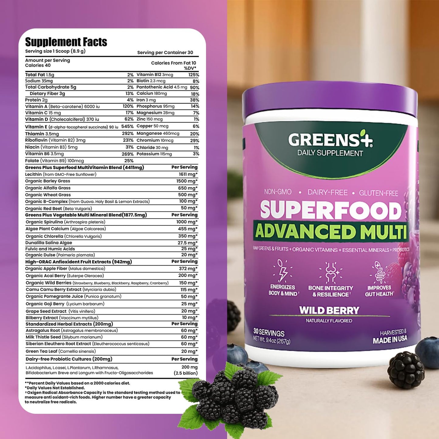 Greens+ Advanced Multi Wild Berry Superfood Powder, Organic Blend, Vegan, Non-GMO, Soy-Free, Dairy-Free, Gluten-Free, Dietary Supplement with Vitamins & Minerals, 9.4 oz Greens+Buy Supplements Australia