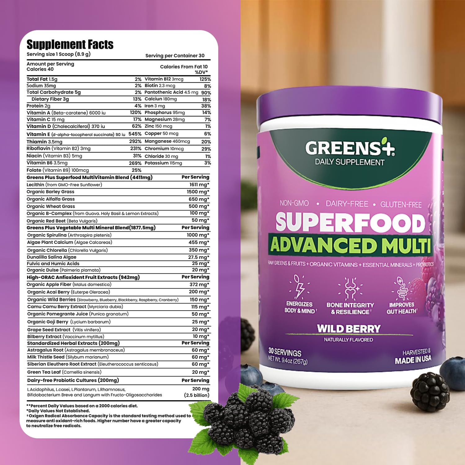 Greens+ Advanced Multi Wild Berry Superfood Powder, Organic Blend, Vegan, Non-GMO, Soy-Free, Dairy-Free, Gluten-Free, Dietary Supplement with Vitamins & Minerals, 9.4 oz Greens+Buy Supplements Australia