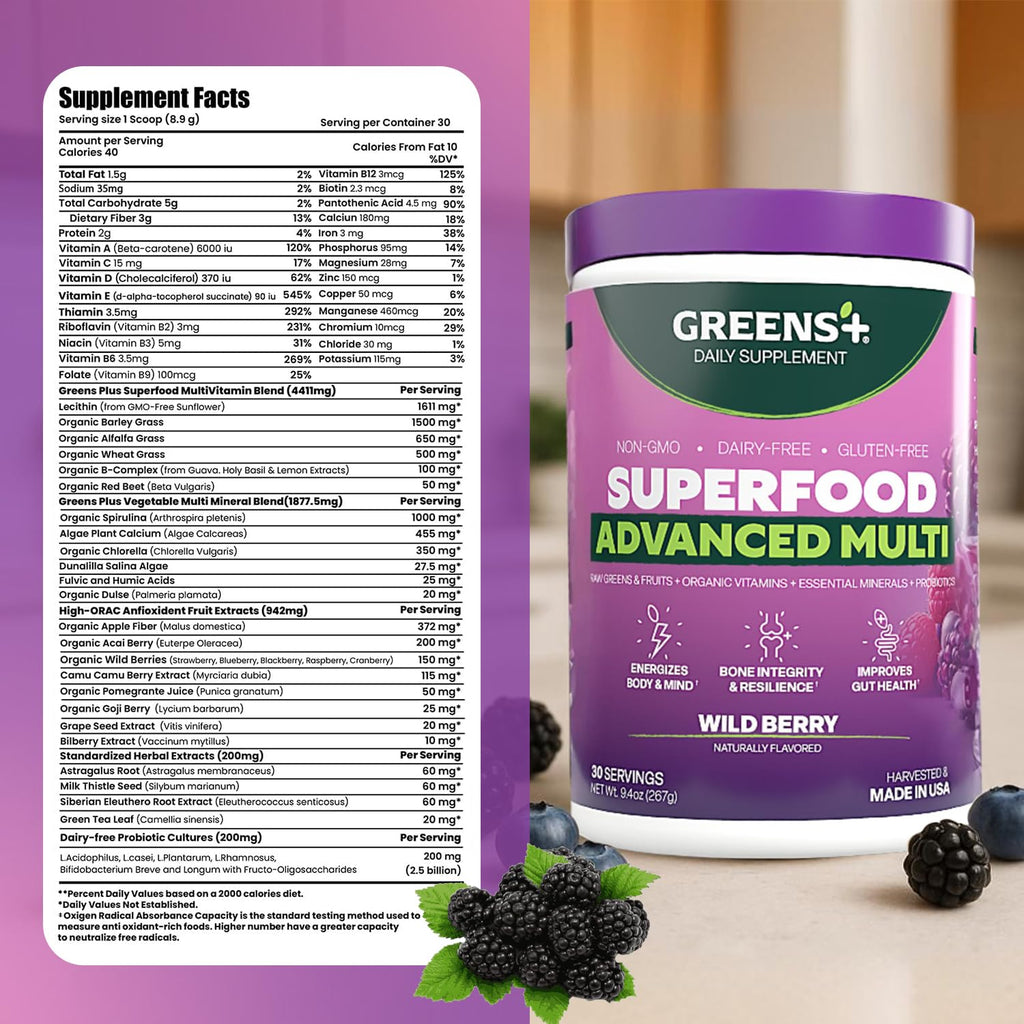 Greens+ Advanced Multi Wild Berry Superfood Powder, Organic Blend, Vegan, Non-GMO, Soy-Free, Dairy-Free, Gluten-Free, Dietary Supplement with Vitamins & Minerals, 9.4 oz Greens+ buy supplements Au