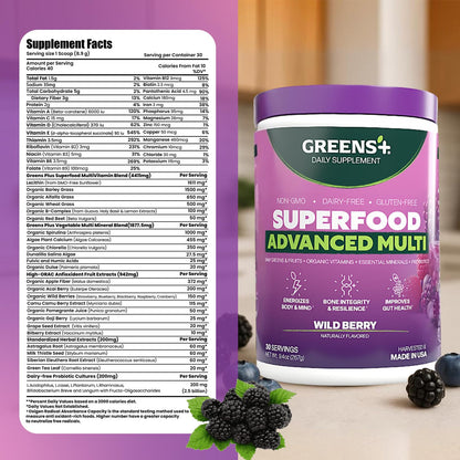 Greens+ Advanced Multi Wild Berry Superfood Powder, Organic Blend, Vegan, Non-GMO, Soy-Free, Dairy-Free, Gluten-Free, Dietary Supplement with Vitamins & Minerals, 9.4 oz Greens+ buy supplements Au