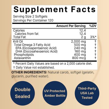 NatureBell Antarctic Krill Oil 2000mg Supplement, 240 Softgels, 3X Strength Natural Source of Omega-3s, EPA 240mg + DHA 160mg + Astaxanthin 800mcg