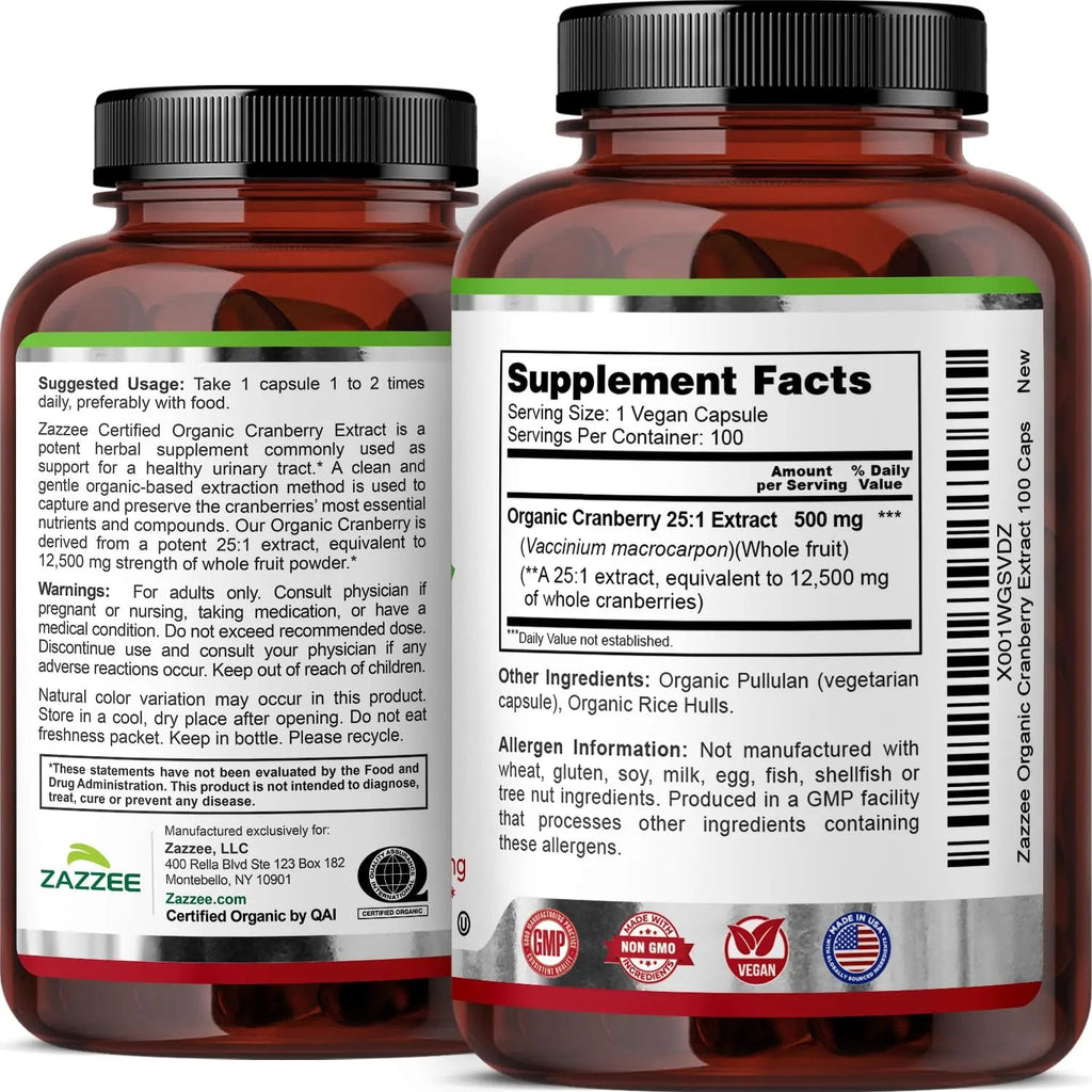 Zazzee USDA Organic Cranberry 25:1 Extract, 500 mg per Capsule, 100 Vegan Capsules, 3+ Month Supply, Certified Kosher, Vaccinium Macrocarpon, Urinary Tract & Bladder Support, Non-GMO, Made in the USA ZazzeeBuy Supplements Australia