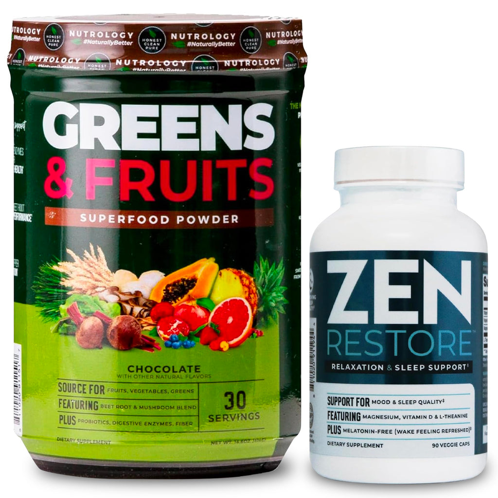 Two health products: a superfood powder container labeled 'Greens & Fruits' and a supplement bottle labeled 'Zen Restore' on a white background.