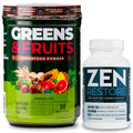 Two health products: a superfood powder container labeled 'Greens & Fruits' and a supplement bottle labeled 'Zen Restore' on a white background.