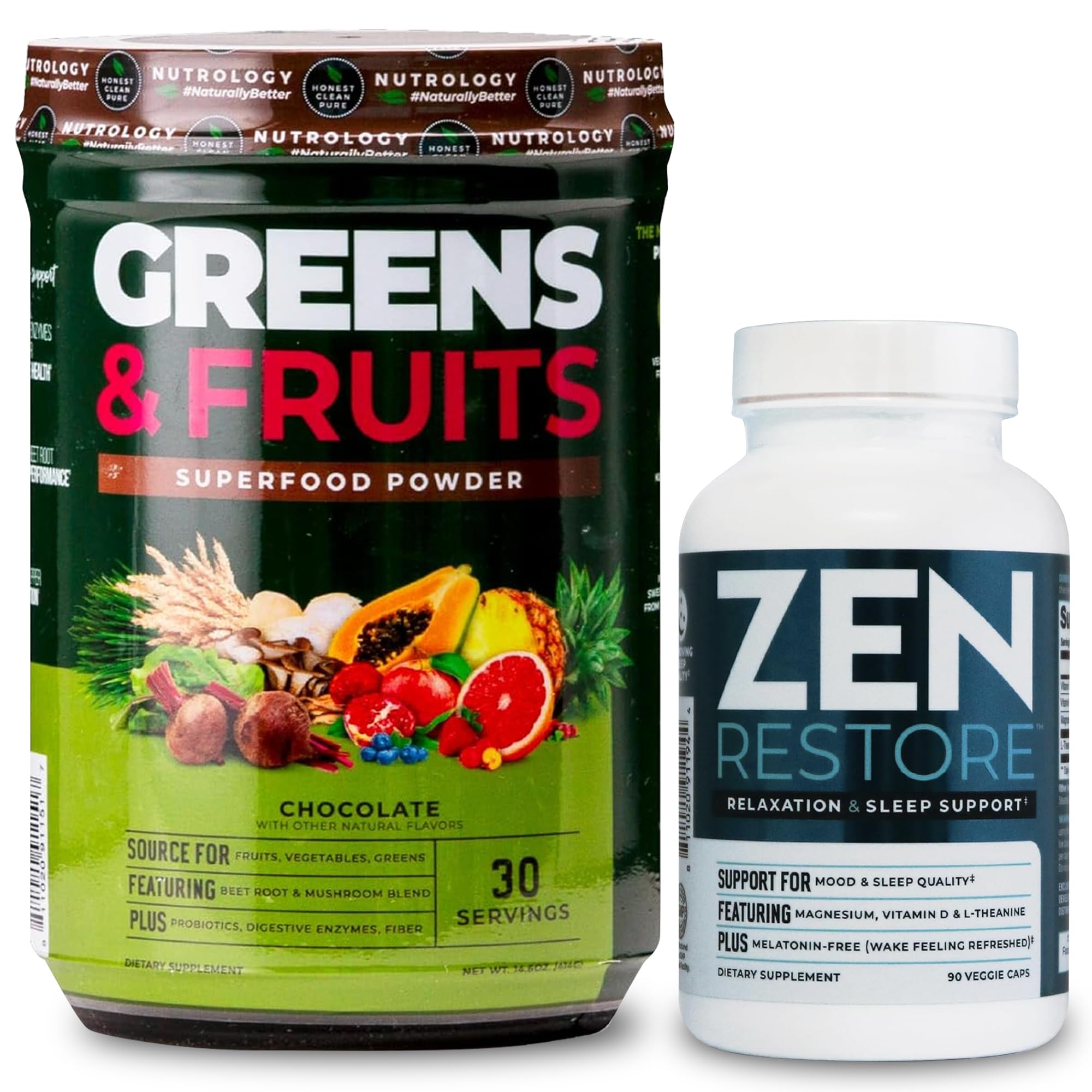 Two health products: a superfood powder container labeled 'Greens & Fruits' and a supplement bottle labeled 'Zen Restore' on a white background.