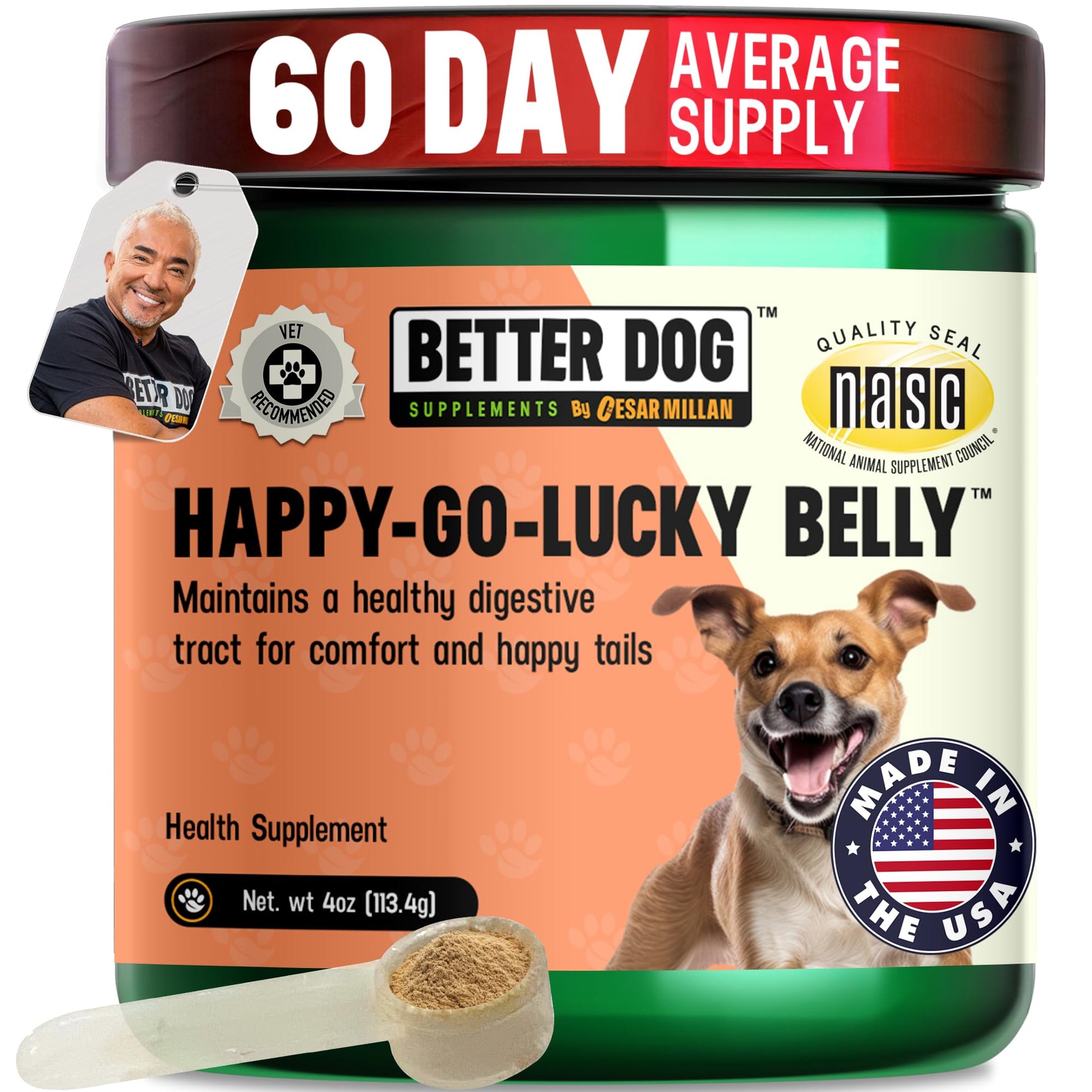 Dog health supplement container with branding and product details on a white background
