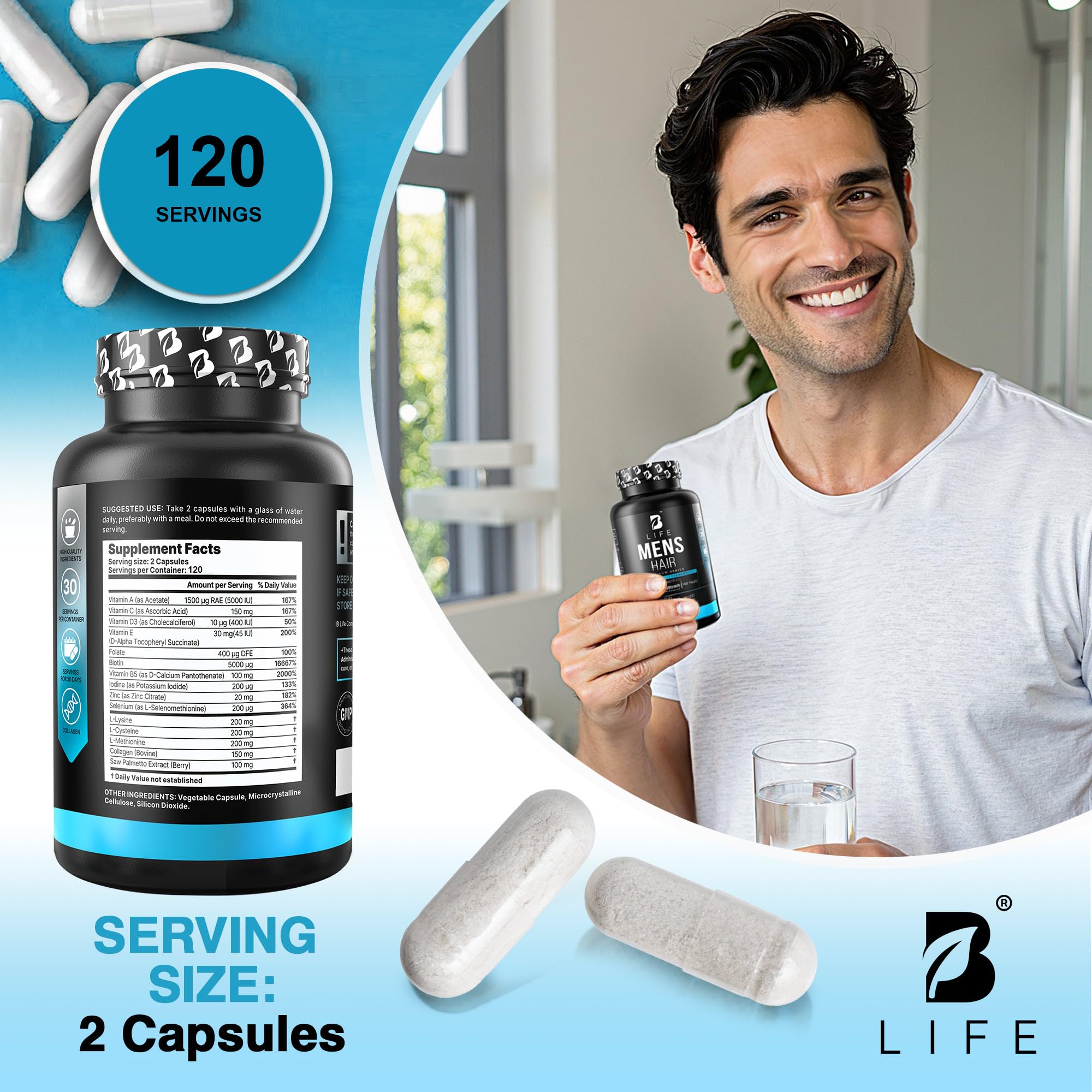 Men’s Hair Growth Supplement – Biotin & Collagen Hair Vitamins for Men – Thicker, Fuller Hair, Nail & Scalp Support – Hair Loss Supplement with Zinc, Selenium & Vitamins A C D E – 240 Capsules B Life CompanyBuy Supplements Australia