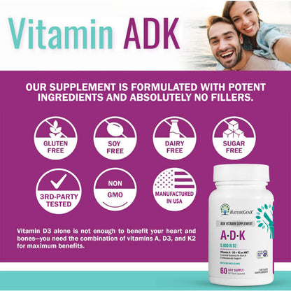 NatureGenX ADK Vitamin Supplement – Vitamins A, D3 & K2 MK-7 for Bone Health & Calcium Absorption – Gluten-Free, Non-GMO, Soy-Free