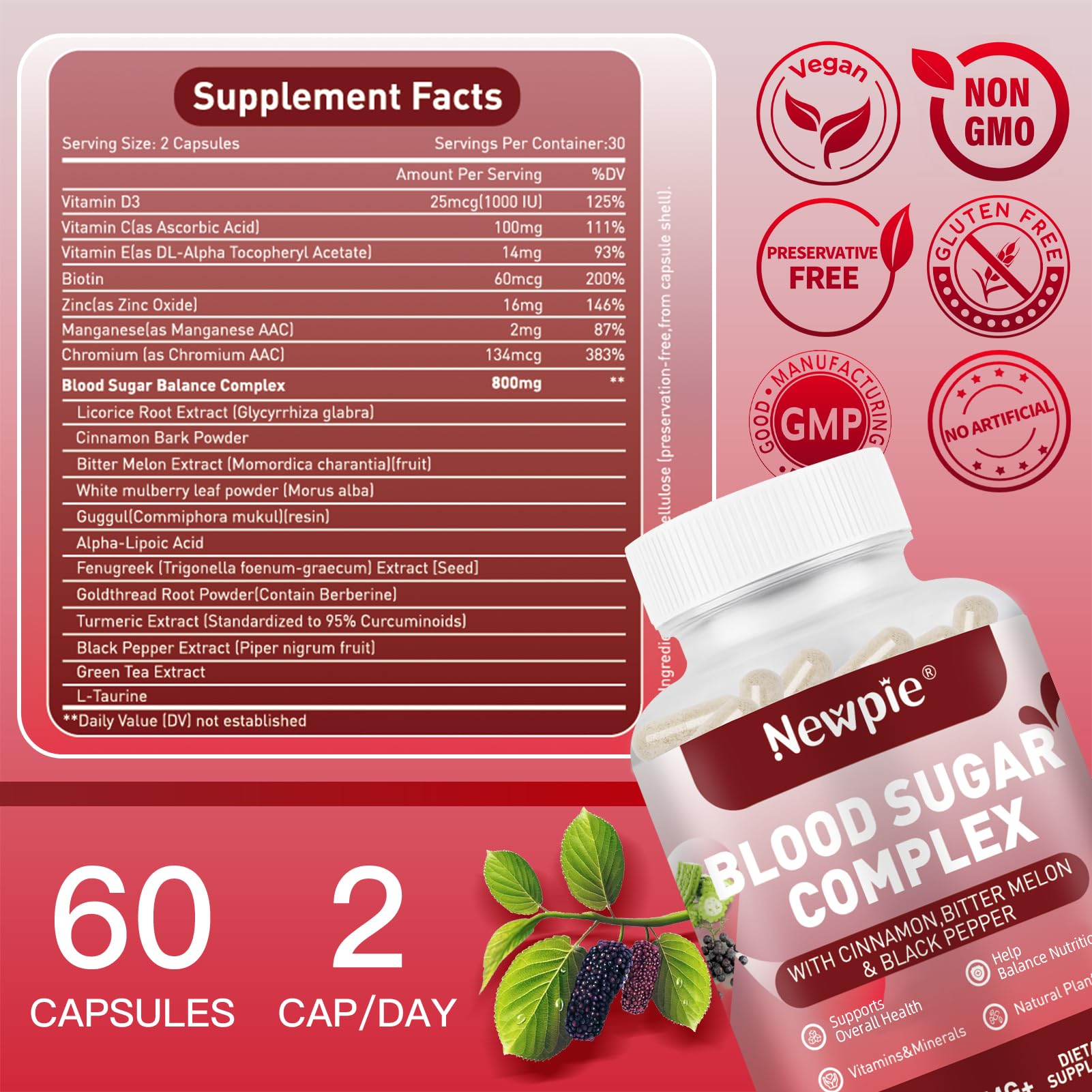 Blood Sugar Complex Supplement – Natural with 20 Active Herbs and Vitamins, Including Cinnamon, Bitter Melon, Black Pepper, Licorice, Vegan, Non-GMO, Gluten-Free, 60 Capsules HOWEEJETBuy Supplements Australia