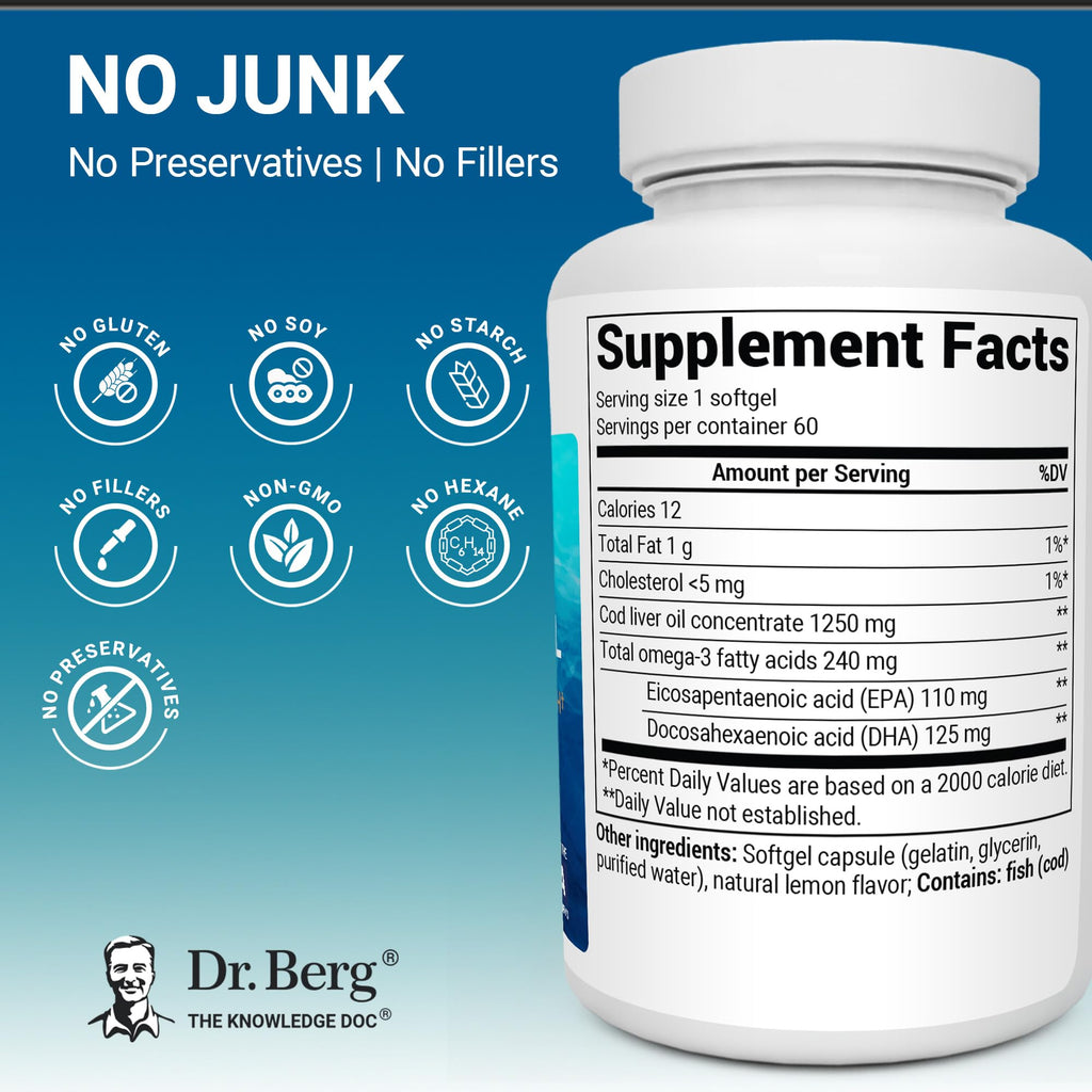 Dr. Berg Omega-3 Cod Liver Fish Oil 60 Softgels – Wild-Caught Icelandic Cod – Omega 3 EPA & DHA – Heart, Brain, Immune & Eye Support* – Lemon Flavor – 4X Lab-Tested – Non-GMO, No Fillers Dr. Berg NutritionalsBuy Supplements Australia
