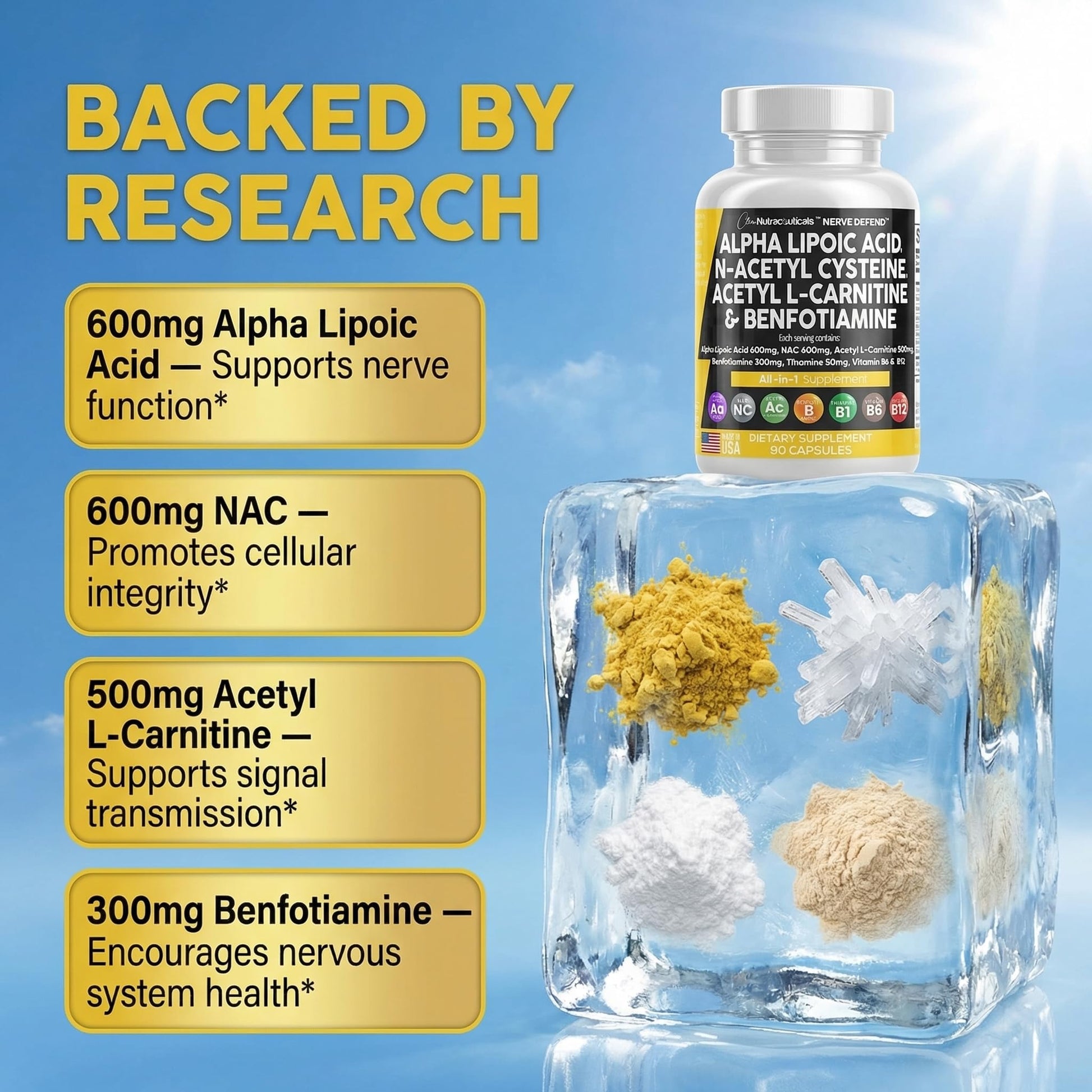 Alpha Lipoic Acid 600mg N-Acetyl Cysteine 600mg Acetyl L-Carnitine 500mg Benfotiamine 300mg - Nerve Support Supplement for Women and Men with Vitamin B1 B6 & B12 - Made in USA 90 Caps Clean NutraceuticalsBuy Supplements Australia