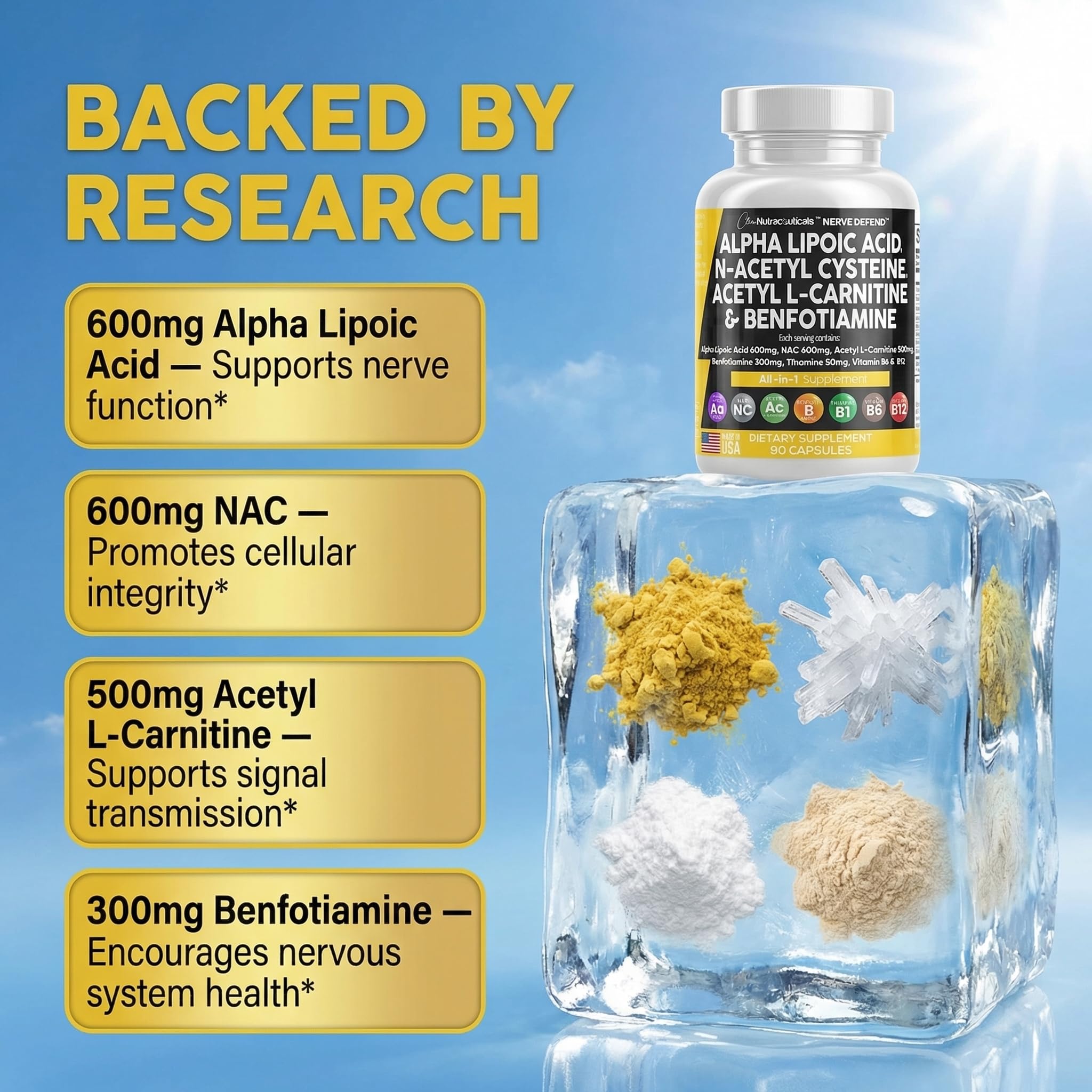Alpha Lipoic Acid 600mg N-Acetyl Cysteine 600mg Acetyl L-Carnitine 500mg Benfotiamine 300mg - Nerve Support Supplement for Women and Men with Vitamin B1 B6 & B12 - Made in USA 90 Caps Clean NutraceuticalsBuy Supplements Australia