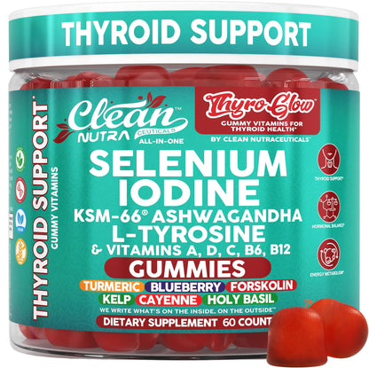 ThyroGlow Thyroid Support Gummies Selenium Iodine KSM 66 Ashwagandha L Tyrosine Vitamin D, C, B12, B6 Turmeric Blueberry Holy