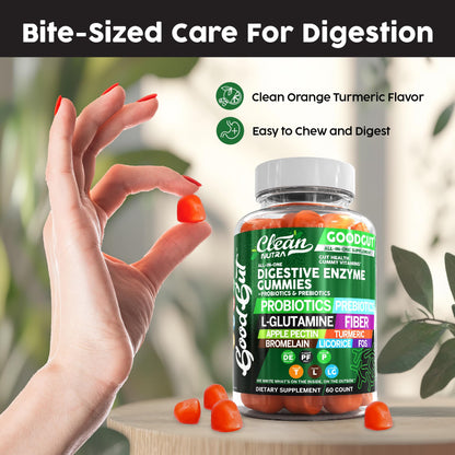 Clean Nutraceuticals Digestive Enzymes with Probiotics & Prebiotics for Digestive Health Gummies & L-Glutamine for Gut Health Bromelain Apple Pectin Inulin FOS Plant