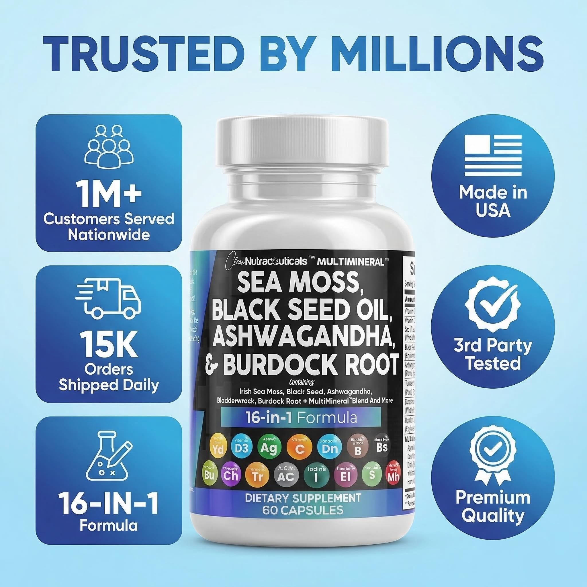 Clean Nutraceuticals Sea Moss Black Seed Oil Ashwagandha Turmeric Bladderwrack Burdock & Vitamin C Vitamin D3 with Elderberry Manuka Dandelion Yellow Dock Iodine Chlorophyll ACV Clean NutraceuticalsBuy Supplements Australia