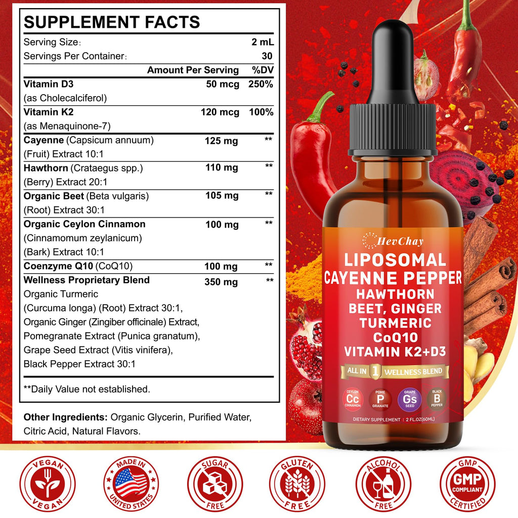 Cayenne Pepper Drops Liposomal Supplement Liquid + Hawthorn Berry, Vitamin D3 K2 Beet Root Powder, Ceylon Cinnamon, CoQ10, Turmeric Curcumin, Cayenne Pepper Extract - 2oz HevChay buy supplements Au