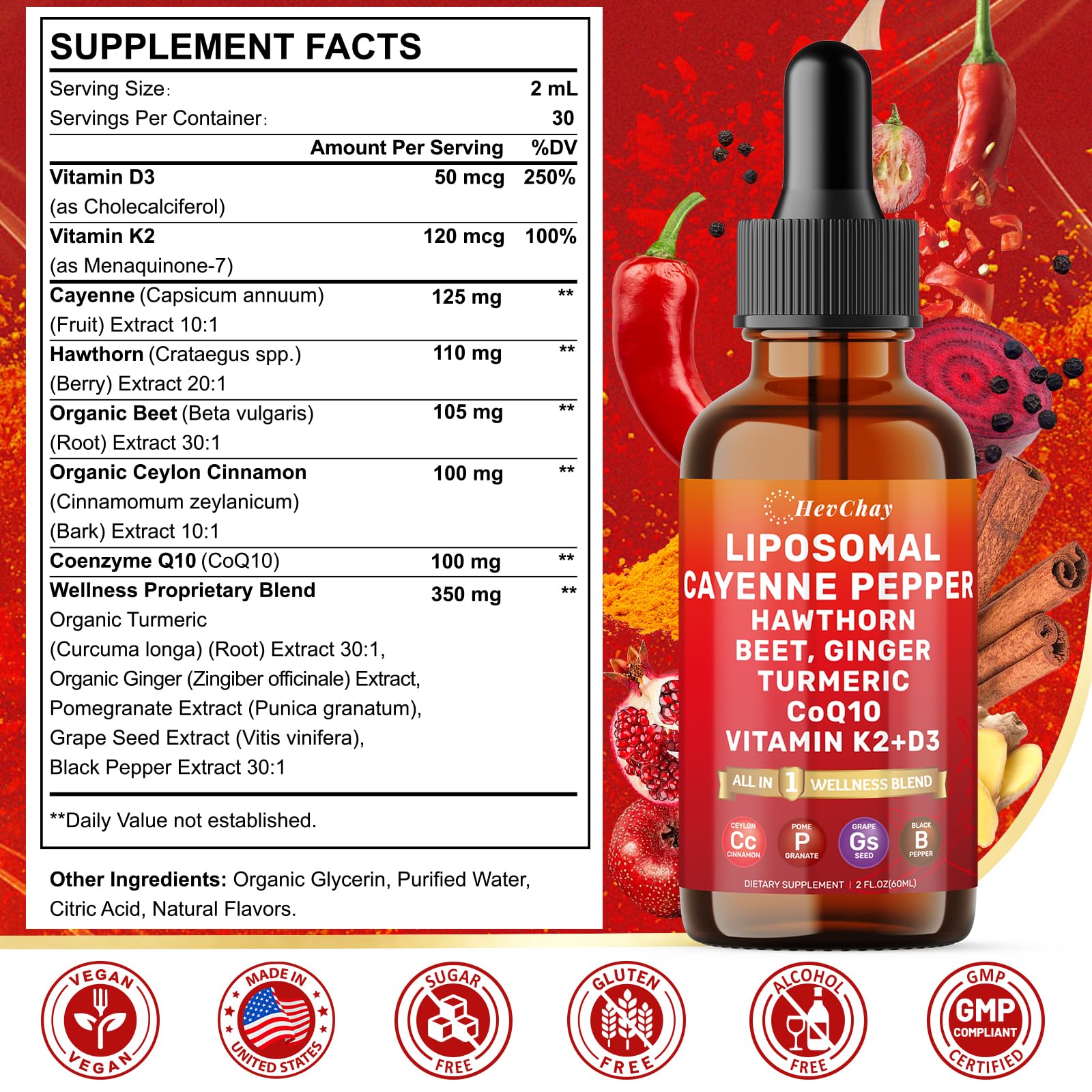 Cayenne Pepper Drops Liposomal Supplement Liquid + Hawthorn Berry, Vitamin D3 K2 Beet Root Powder, Ceylon Cinnamon, CoQ10, Turmeric Curcumin, Cayenne Pepper Extract - 2oz HevChay buy supplements Au