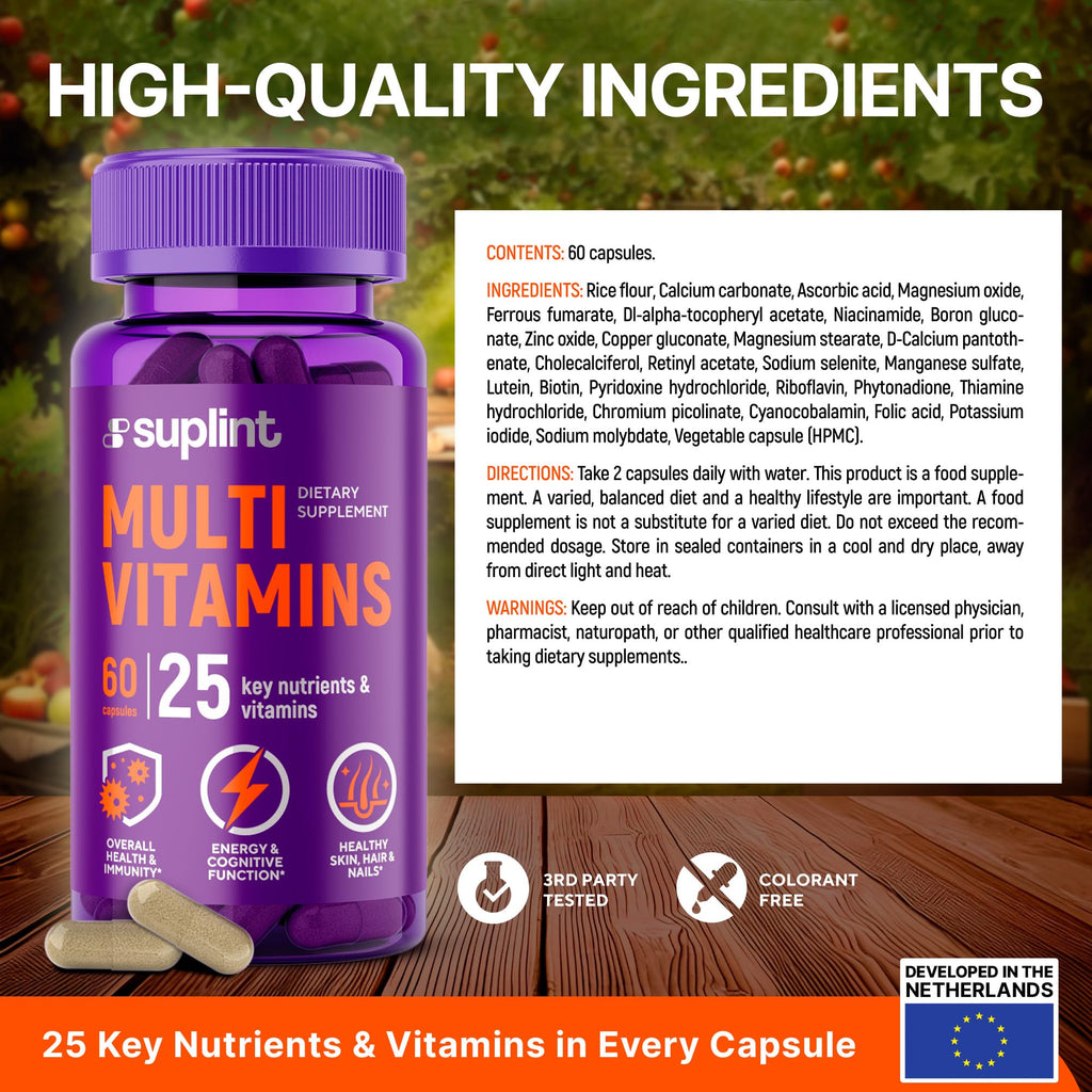 Multivitamin Supplement | Complex with Vitamin A, C, D, E, K1, B, Zinc & Chromium | Hair, Skin & Nail Beauty Vitamins | Immune Support Supplements for Men & Women | 60 Capsules SUPLINT buy supplements Au