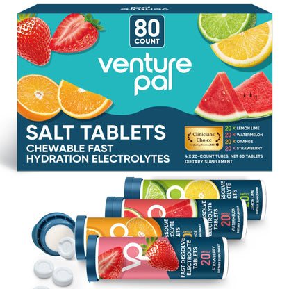 Venture Pal Chewable Electrolyte Tablets, 80 Count Fast-Dissolve Sugar-Free Stick Salt Tablets,Gluten Free – Variety Pack for Rapid Hydration, Outdoor Running,