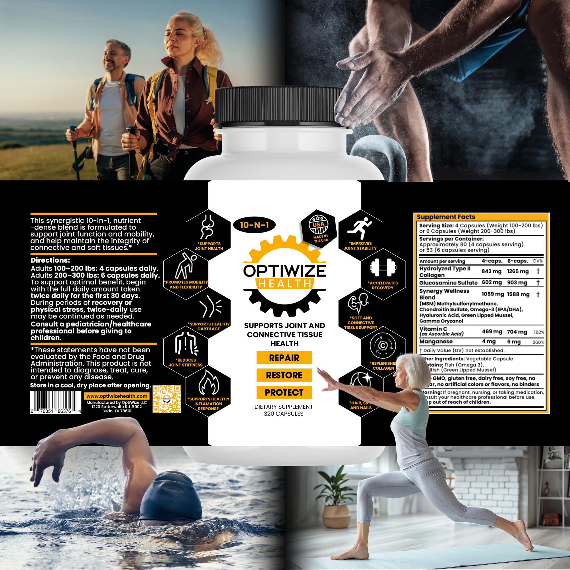 OptiWize 10-N-1 Joint Support Hydrolyzed Collagen,MSM, Hyaluronic Acid, Glucosamine,Chondroitin & More- Targets Joint Discomfort, Improves Mobility & Flexibility 320 Caps for Men & Women Made in USA OptiWizeBuy Supplements Australia