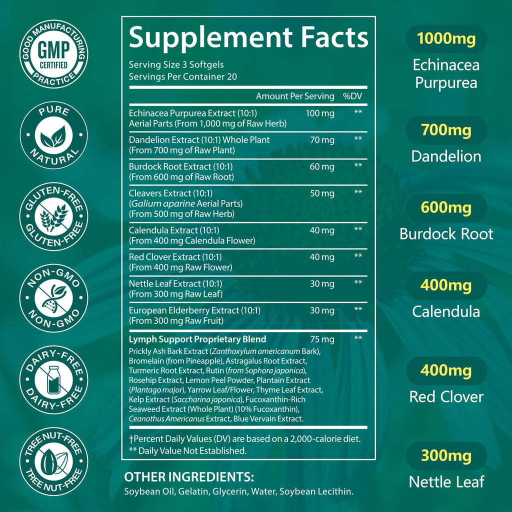 LTQXGT Lymphatic Support Supplement 60 Softgels– Advanced Botanical Complex with Echinacea, Dandelion & Elderberry – Antioxidant-Rich Daily Wellness Formula LTQXGT buy supplements Au
