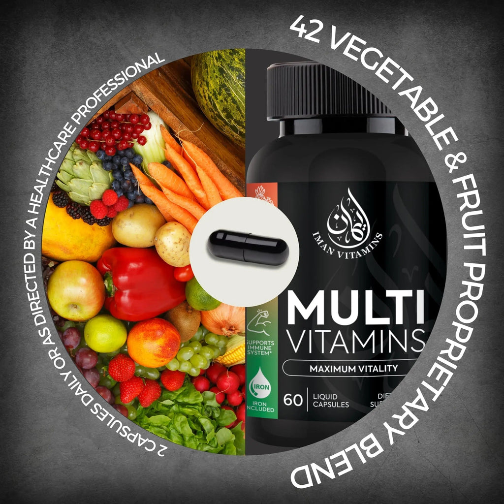 Iman Vitamins Halal Complete Multivitamin Capsules for Adults Men & Women | 42 Fruit & Vegetable Blend Iman Vitamins
