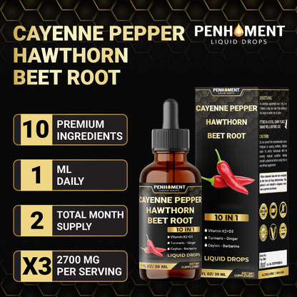 Penhoment 2 Packs - 2700 mg 10in1 Cayenne Pepper Liquid Drops with Hawthorn Berry, Vitamin D3 K2, Beet Root, Ginger Turmeric, Ginger, Ceylon Cinnamon, Berberine, and Ginseng - 2 Months Penhoment buy supplements Au