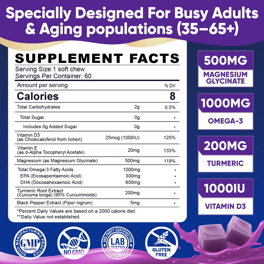Magnesium Glycinate Gummies 500mg - Magnesium with Omega-3, Turmeric, Vitamin D3 & E | Magnesium Glycinate Soft Chews for Adults | for Sleep, Muscle & Brain | 60 Counts ELLAMENTZBuy Supplements Australia