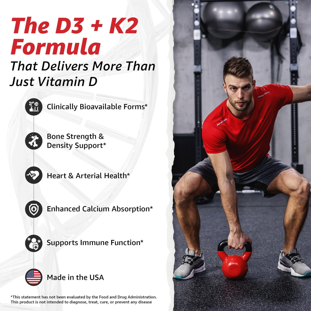 10X Health Vitamin D3 5000 IU & K2 MK7 - Menaquinone 7, High-Potency D3 K2 Vitamin Supplement for Bone Health, Heart and Teeth - 125 mcg Vitamin D & 90 mcg Vitamin K2-60 Capsules 10X Health System buy supplements Au
