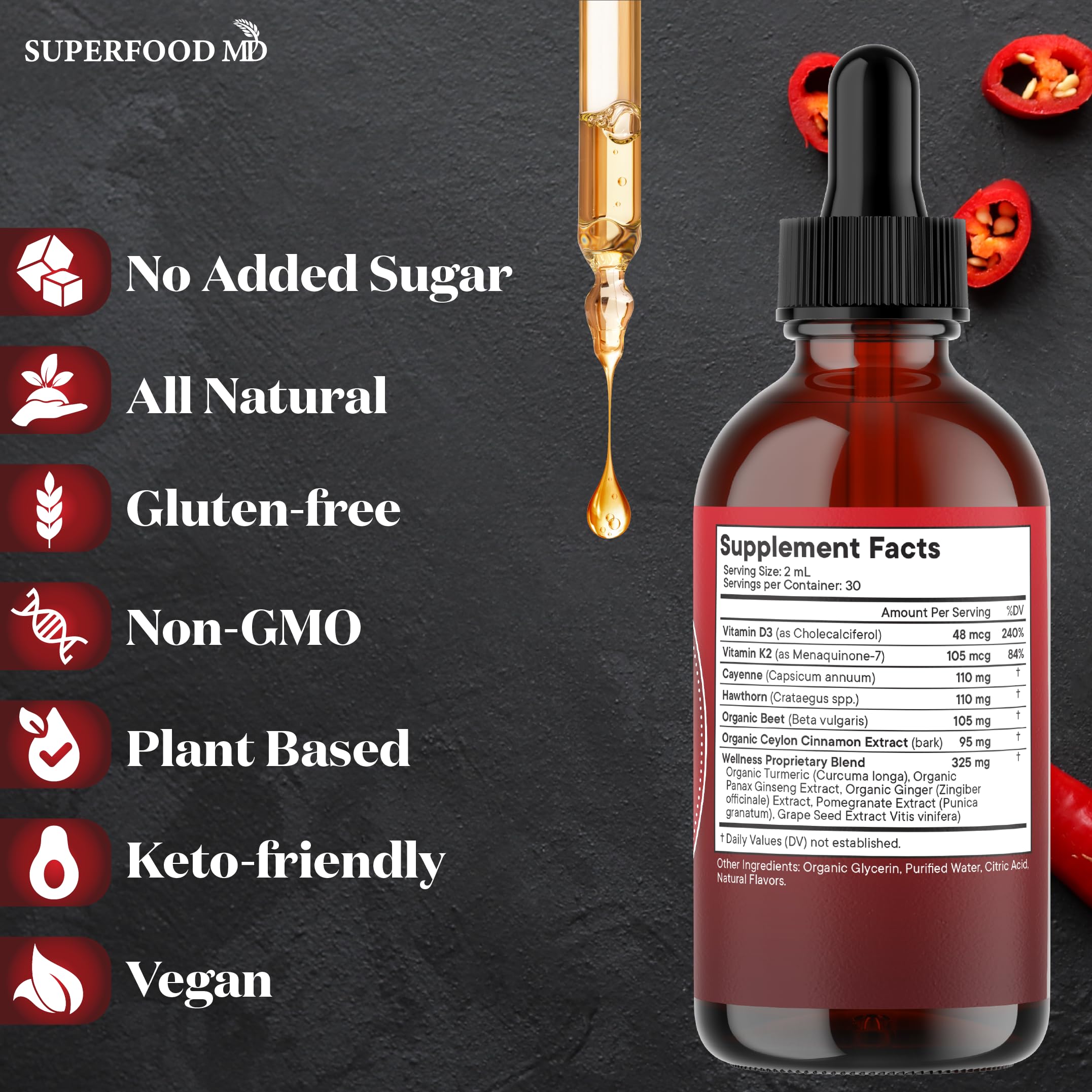 Cayenne Pepper Supplement Liquid Drops + Hawthorn Berry, Vitamin D3 K2 Beet Root Powder, Ceylon Cinnamon, Turmeric Curcumin, Organic Panax Ginseng - 4 OZ Superfood MD buy supplements Au