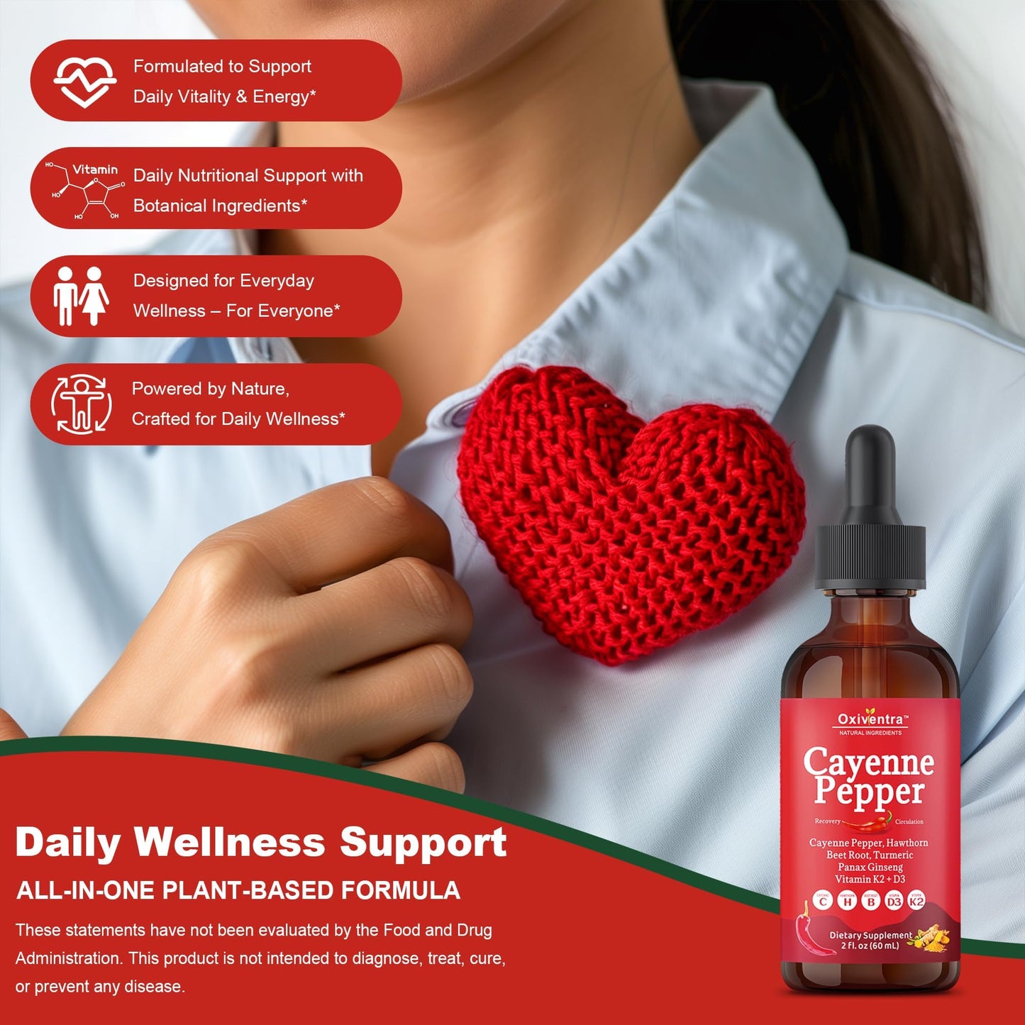 Cayenne Pepper Drops Liquid Supplement Smooth & Sweet Herbal Liquid + Hawthorn Berry, Vitamin D3 K2 Beet Root Powder, Ceylon Cinnamon, Turmeric Curcumin, Organic Panax Ginseng - 2fl oz Oxiventra buy supplements Au