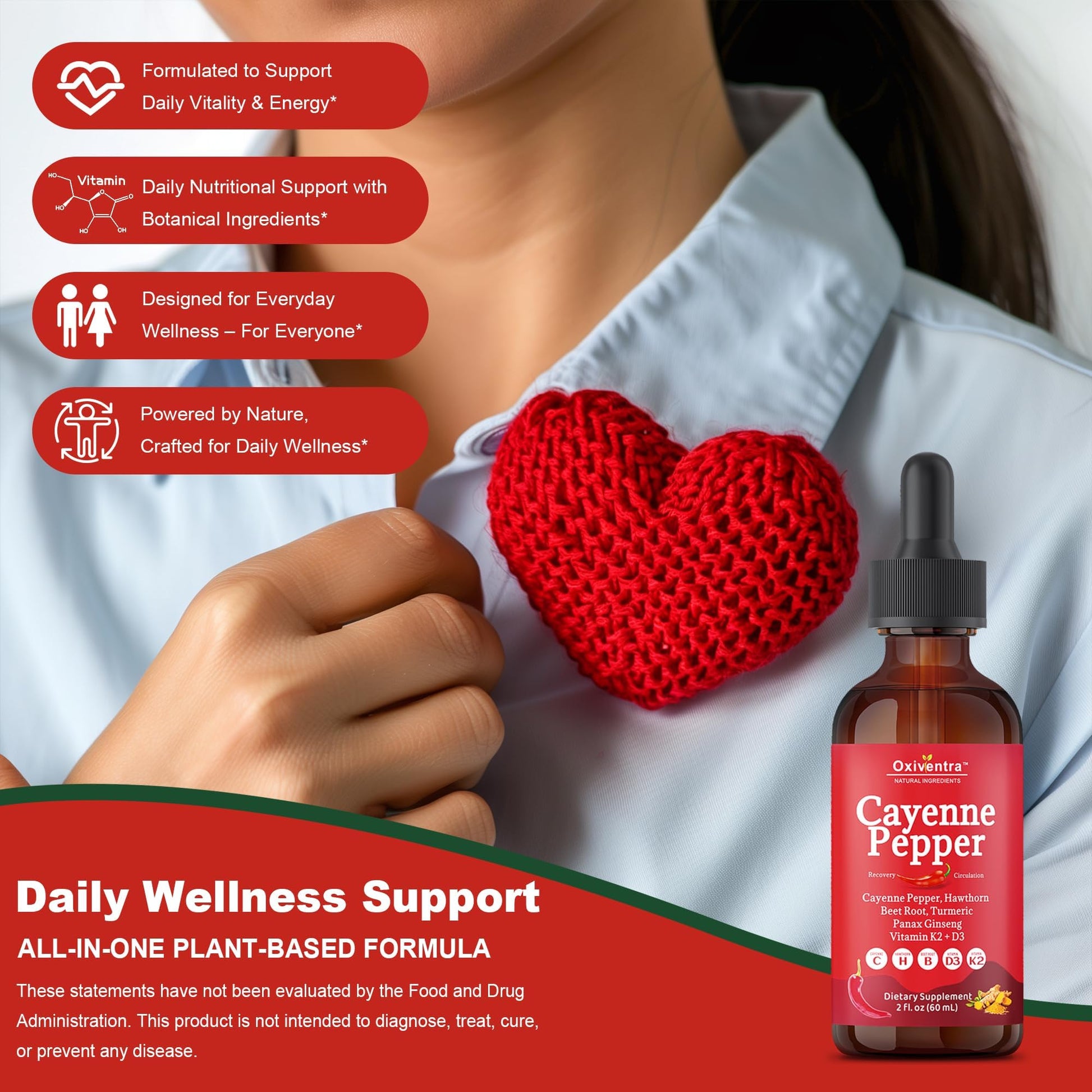Cayenne Pepper Drops Liquid Supplement Smooth & Sweet Herbal Liquid + Hawthorn Berry, Vitamin D3 K2 Beet Root Powder, Ceylon Cinnamon, Turmeric Curcumin, Organic Panax Ginseng - 2fl oz Oxiventra buy supplements Au