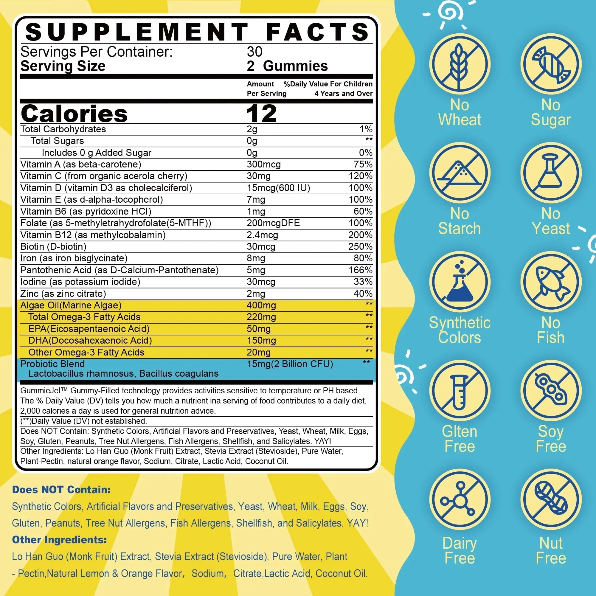 Kids Multivitamin Gummies with Iron, Sugar Free, Kids Daily Vitamins + Probiotics, Algae Omega 3 (EPA/DHA), A, C, D, Methyl B12, Folate, B6, Zinc, Biotin Nextdia