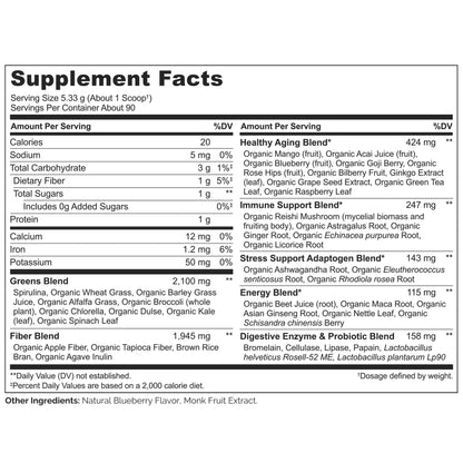 NATURELO Raw Greens Superfood Powder 480 Grams, Mixed Berry - Supports Energy, Immunity and Detox - Includes Spirulina, Wheat Grass and Organic