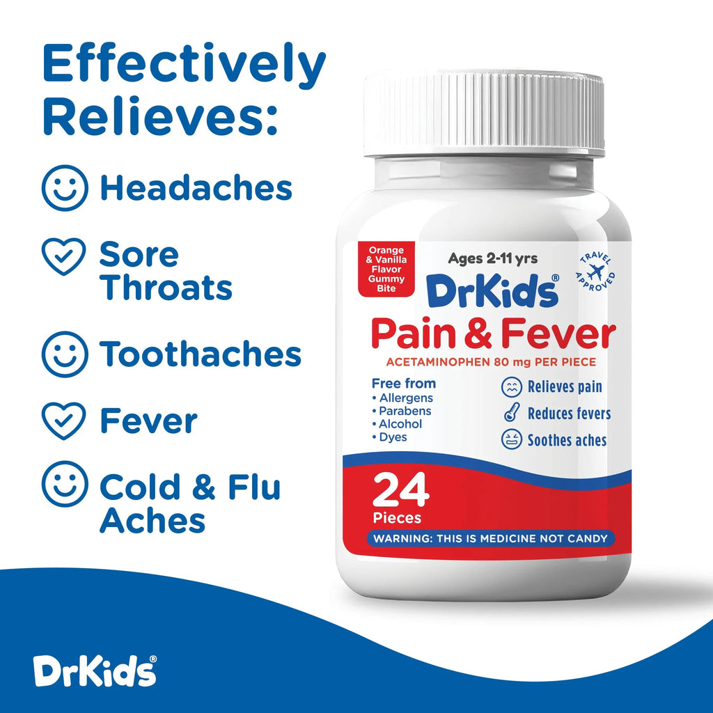 Dr. Kids Children’s Pain and Fever Gummy Bite - Chewable Acetaminophen for Kids Ages 2-11, Pre-Measured Soft Chews for Headache, Sore Throat, Cold and Flu, Orange Vanilla Flavor, 24 Count Dr. KidsBuy Supplements Australia