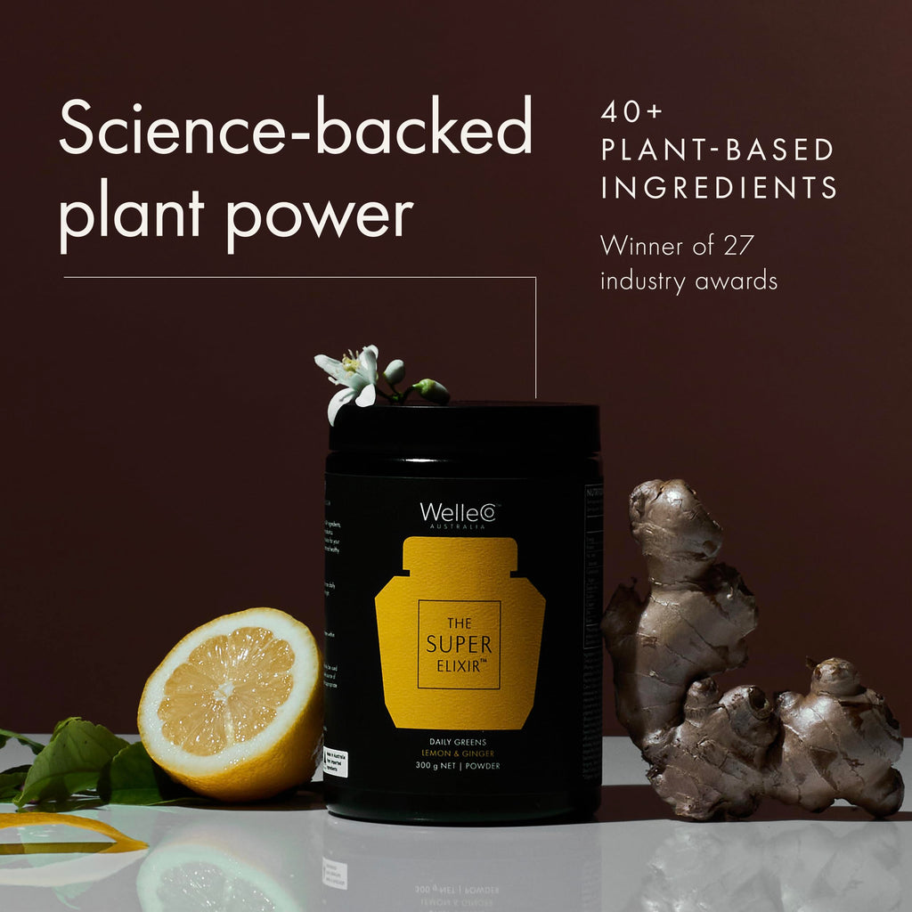 WelleCo The Super Elixir Daily Greens Powder, Probiotic Drink Mix with Whole Foods, Gluten Free, Vegan Gut Health Powder, Energy, Immunity, Healthy Skin, Hair & Nails (300g, Lemon Ginger) WelleCo buy supplements Au