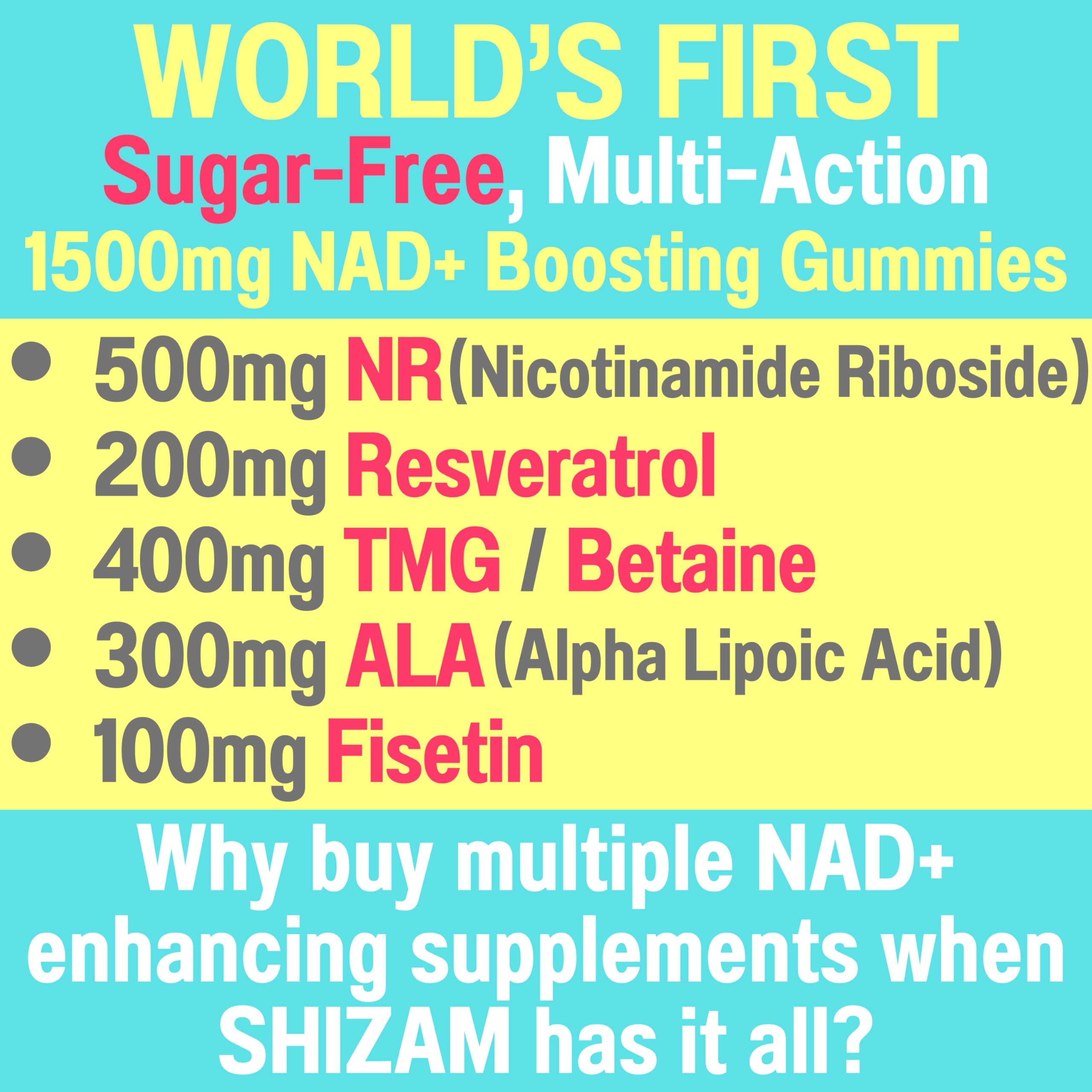 1500mg NAD+ Sugar Free Gummies | NAD + Plus NR TMG ALA Trans-Resveratrol Fisetin Supplements | Nicotinamide Riboside Trimethylglycine Alpha Lipoic Acid Betaine Pills Capsules Tincture Supplement Alt SHIZAMBuy Supplements Australia